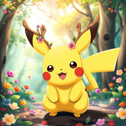 A cute and playful Pikachu with whimsical horns that resemble the antlers of a deer, giving it a unique and fantastical look