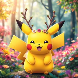 A cute and playful Pikachu with whimsical horns that resemble the antlers of a deer, giving it a unique and fantastical look