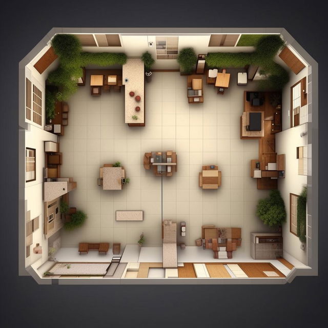 A 3D top-down view of a room with dimensions 20 feet by 22 feet. It should be effectively arranged with 24 seats in an optimal layout for human occupation.