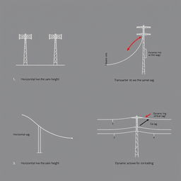 A collection of diagrams for an academic presentation in a Bachelor of Science in Electrical and Electronics Engineering (EEE), clearly labeled to illustrate horizontal sag, vertical sag, and dynamic sag in transmission lines