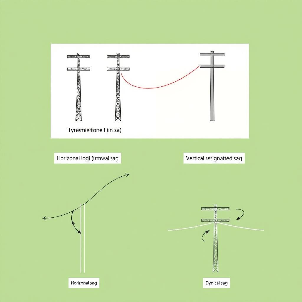 A collection of diagrams for an academic presentation in a Bachelor of Science in Electrical and Electronics Engineering (EEE), clearly labeled to illustrate horizontal sag, vertical sag, and dynamic sag in transmission lines