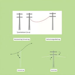 A collection of diagrams for an academic presentation in a Bachelor of Science in Electrical and Electronics Engineering (EEE), clearly labeled to illustrate horizontal sag, vertical sag, and dynamic sag in transmission lines