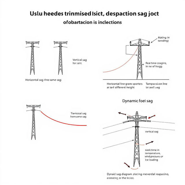 A collection of diagrams for an academic presentation in a Bachelor of Science in Electrical and Electronics Engineering (EEE), clearly labeled to illustrate horizontal sag, vertical sag, and dynamic sag in transmission lines