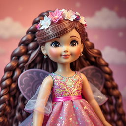 A large fantasy-style doll designed for girls, wearing a shiny, sparkling dress with intricate patterns and vibrant colors