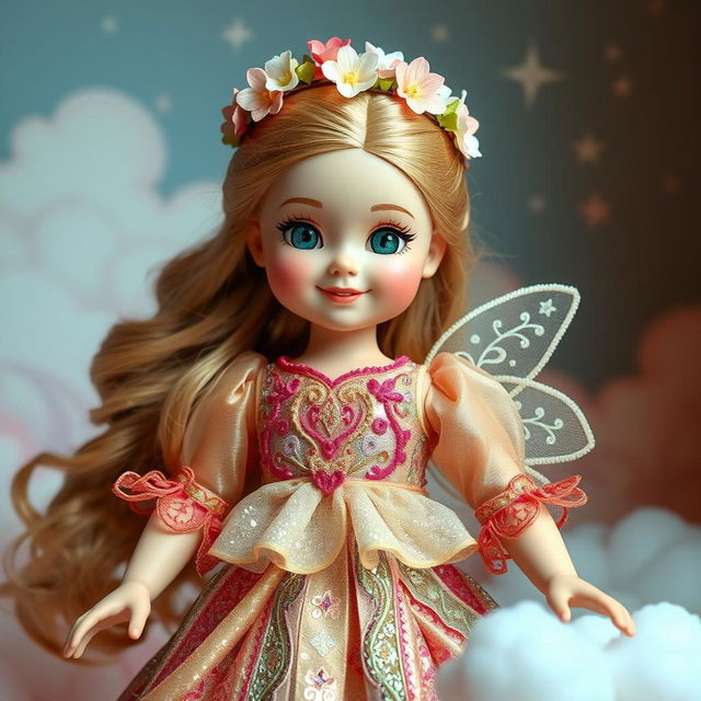 A large fantasy-style doll designed for girls, wearing a shiny, sparkling dress with intricate patterns and vibrant colors