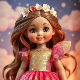 A large fantasy-style doll designed for girls, wearing a shiny, sparkling dress with intricate patterns and vibrant colors