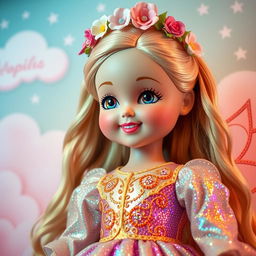 A large fantasy-style doll designed for girls, wearing a shiny, sparkling dress with intricate patterns and vibrant colors