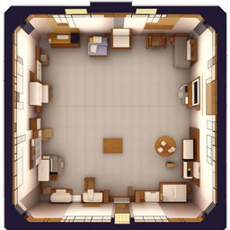 A 3D top-down view of a room with dimensions 20 feet by 22 feet. It should be effectively arranged with 24 seats in an optimal layout for human occupation.