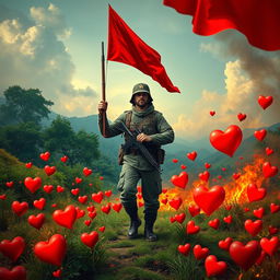 A powerful soldier standing confidently with a rifle in hand, a vibrant red flag held high