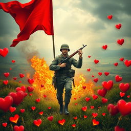 A powerful soldier standing confidently with a rifle in hand, a vibrant red flag held high
