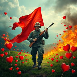 A powerful soldier standing confidently with a rifle in hand, a vibrant red flag held high