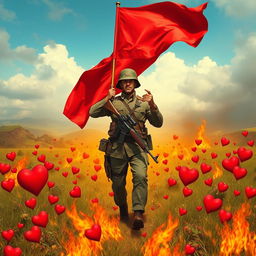 A powerful soldier standing confidently with a rifle in hand, a vibrant red flag held high