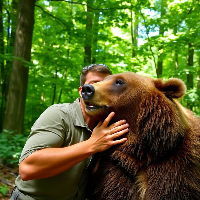 A man in a forest setting, gently kissing a large, friendly-looking bear