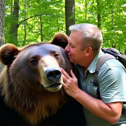 A man in a forest setting, gently kissing a large, friendly-looking bear