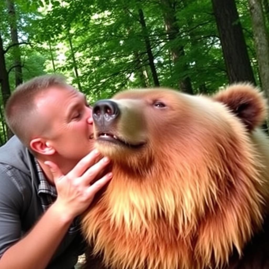 A man in a forest setting, gently kissing a large, friendly-looking bear