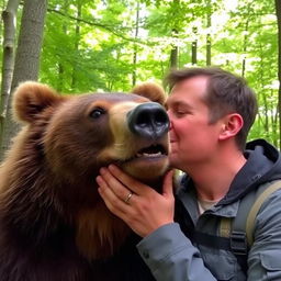 A man in a forest setting, gently kissing a large, friendly-looking bear