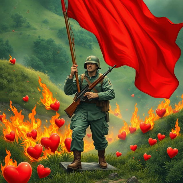 A powerful soldier stands assertively with a rifle, brandishing a vivid red flag