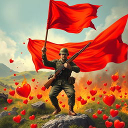 A powerful soldier stands assertively with a rifle, brandishing a vivid red flag
