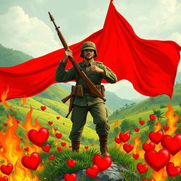 A powerful soldier stands assertively with a rifle, brandishing a vivid red flag