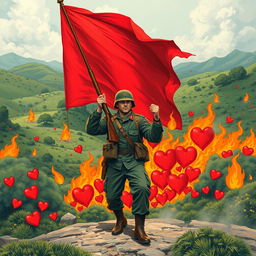 A powerful soldier stands assertively with a rifle, brandishing a vivid red flag