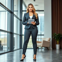 A full-length portrait of the beautiful and stunning sexy blonde Marina Laswick, weighing 225 pounds, emphasizing her voluptuous bowed hips, round thighs, and full legs
