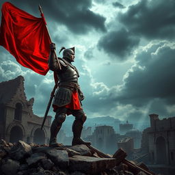 A powerful soldier standing proudly on the ruins of a city that bears the marks of a great war, holding a vibrant red flag