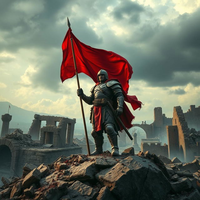 A powerful soldier standing proudly on the ruins of a city that bears the marks of a great war, holding a vibrant red flag