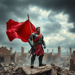 A powerful soldier standing proudly on the ruins of a city that bears the marks of a great war, holding a vibrant red flag