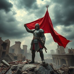 A powerful soldier standing proudly on the ruins of a city that bears the marks of a great war, holding a vibrant red flag