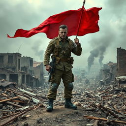 A powerful soldier standing firm with a red flag on the ruins of a city that shows signs of a massive war