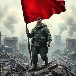 A powerful soldier standing firm with a red flag on the ruins of a city that shows signs of a massive war