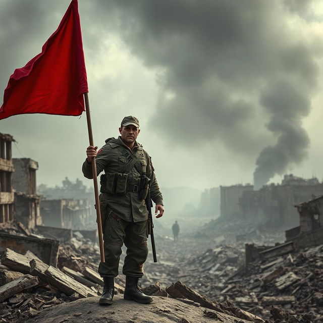 A powerful soldier standing firm with a red flag on the ruins of a city that shows signs of a massive war