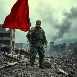 A powerful soldier standing firm with a red flag on the ruins of a city that shows signs of a massive war