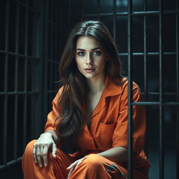 A dramatic scene featuring a brunette woman sitting in a jail cell, wearing an orange prison jumpsuit