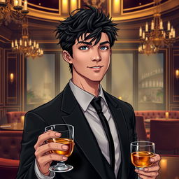 A character illustration of Christian Harper from the novel 'Twisted Lies' by Ana Huang, featuring a handsome young man with tousled dark hair and piercing blue eyes