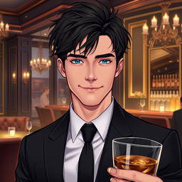 A character illustration of Christian Harper from the novel 'Twisted Lies' by Ana Huang, featuring a handsome young man with tousled dark hair and piercing blue eyes