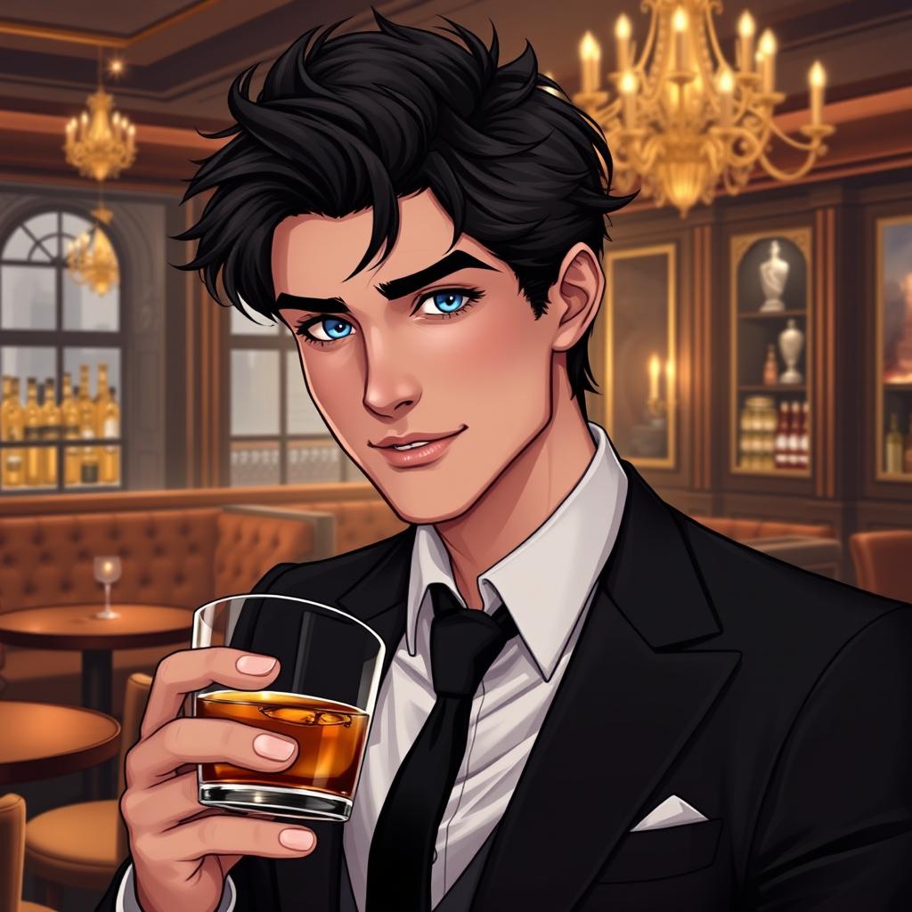 A character illustration of Christian Harper from the novel 'Twisted Lies' by Ana Huang, featuring a handsome young man with tousled dark hair and piercing blue eyes