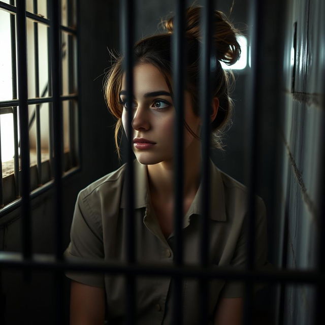 A young brunette woman with her hair styled in a bun, sitting inside a jail cell, looking contemplative or introspective