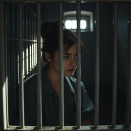 A young brunette woman with her hair styled in a bun, sitting inside a jail cell, looking contemplative or introspective