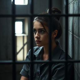 A young brunette woman with her hair styled in a bun, sitting inside a jail cell, looking contemplative or introspective