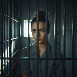 A young brunette woman with her hair styled in a bun, sitting inside a jail cell, looking contemplative or introspective