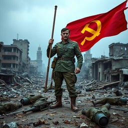 A commanding soldier standing resolutely with a red flag featuring a yellow hammer and sickle on the ruins of a city that shows signs of a massive war