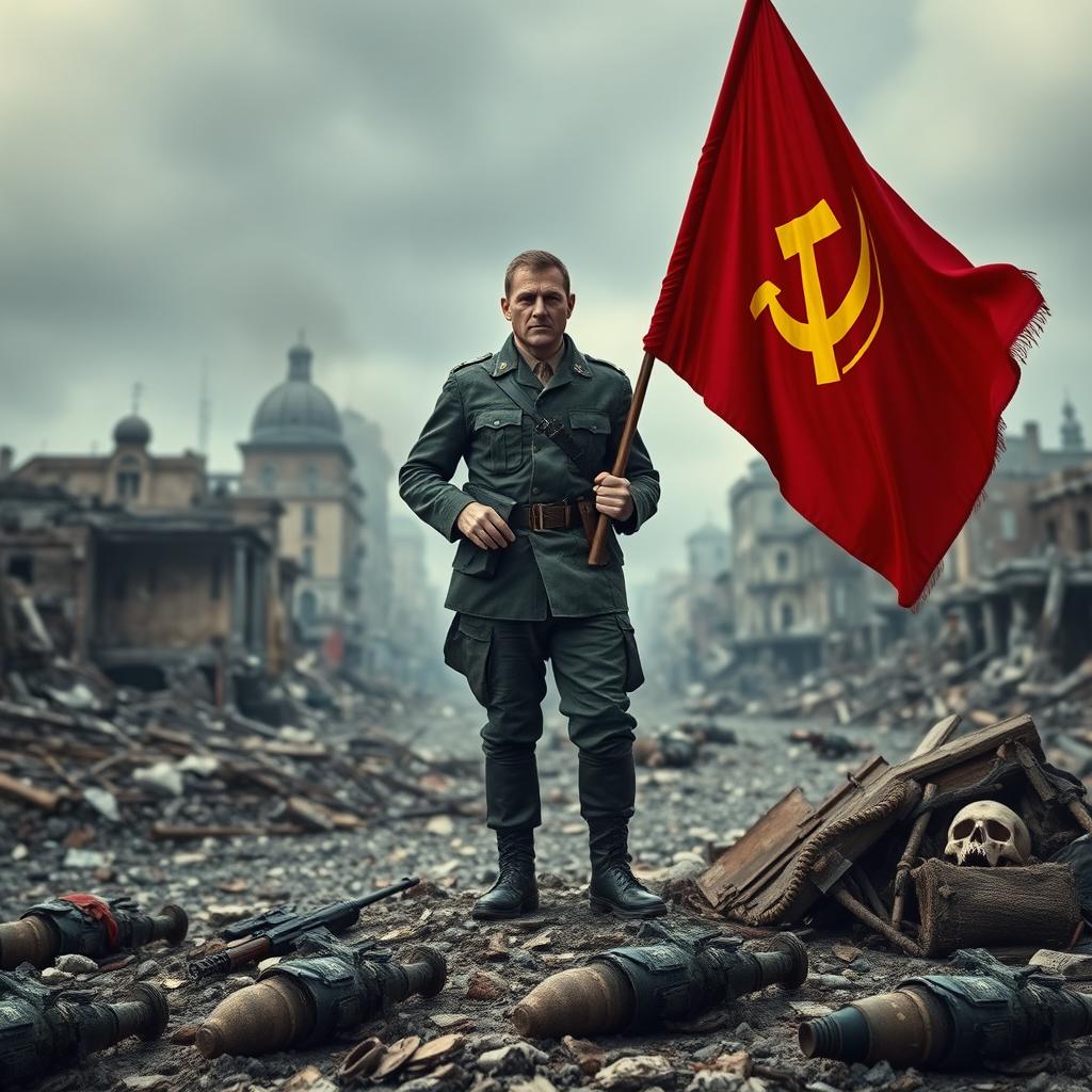 A commanding soldier standing resolutely with a red flag featuring a yellow hammer and sickle on the ruins of a city that shows signs of a massive war