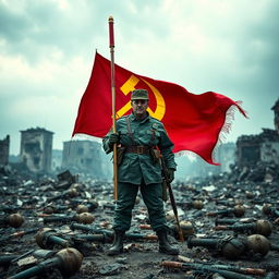 A commanding soldier standing resolutely with a red flag featuring a yellow hammer and sickle on the ruins of a city that shows signs of a massive war