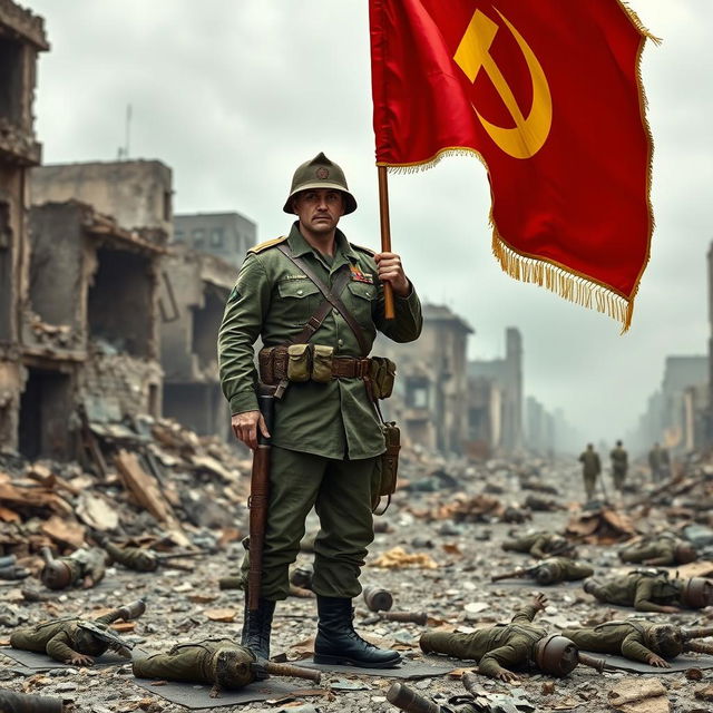 A commanding soldier standing resolutely with a red flag featuring a yellow hammer and sickle on the ruins of a city that shows signs of a massive war