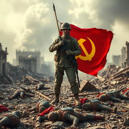A soldier standing with authority on the ruins of a war-torn city, showcasing the aftermath of a massive battle