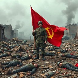 A soldier standing with authority on the ruins of a war-torn city, showcasing the aftermath of a massive battle