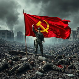 A soldier standing with authority on the ruins of a war-torn city, showcasing the aftermath of a massive battle