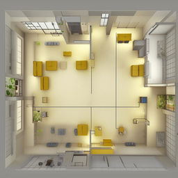 A 3D top-down view of a room with dimensions 20 feet by 22 feet. It should be effectively arranged with 24 seats in an optimal layout for human occupation.