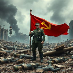 A soldier standing with authority on the ruins of a war-torn city, depicting the aftermath of a massive battle